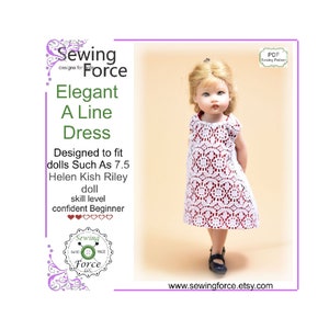 May include: A PDF sewing pattern for an elegant A-line dress designed to fit 7.5 inch dolls. The pattern is for a confident beginner skill level. The image shows a doll wearing a red and white dress.