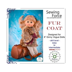 8 inch doll clothes pattern, Fur Coat, for dolls such as 8" Ginny Vogue Dolls, PDF Sewing Pattern, Doll clothes, coat, jacket