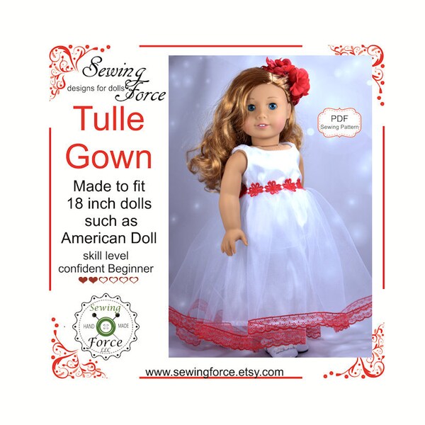 18 inch doll clothes dress gown pattern, fits dolls such as American girl doll gown dress clothes pattern, PDF Sewing Pattern