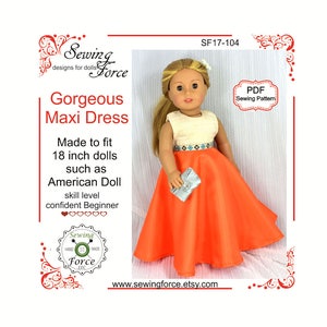 18 inch doll clothes dress pattern, fits dolls such as American girl doll gown dress pattern, PDF Sewing Pattern, Gorgeous Maxi Dress