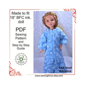 May include: PDF sewing pattern and step-by-step guide for making a blue fuzzy robe for an 18-inch doll. The pattern is for an advanced skill level. The image shows a doll wearing the robe. The text "Sewing For Dolls Force" is in a green circle with a white button.