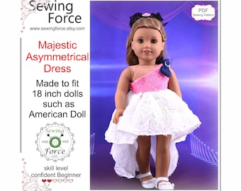 Majestic Asymetrical Dress Patrón de costura PDF para muñecas de 18 pulgadas como American Girl - descarga instantánea - vestido de muñeca, ropa de muñeca