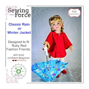 Patrón de costura PDF clásico para lluvia o chaqueta de invierno diseñado para muñecas de 15 pulgadas como las muñecas Ruby Red Fashion Friends, patrón de costura PDF