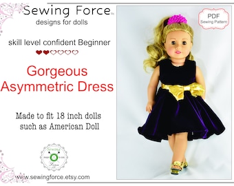 Gorgeous Asymmetric Dress PDF Sewing Pattern for 18 inch dolls such as American Doll, instant download
