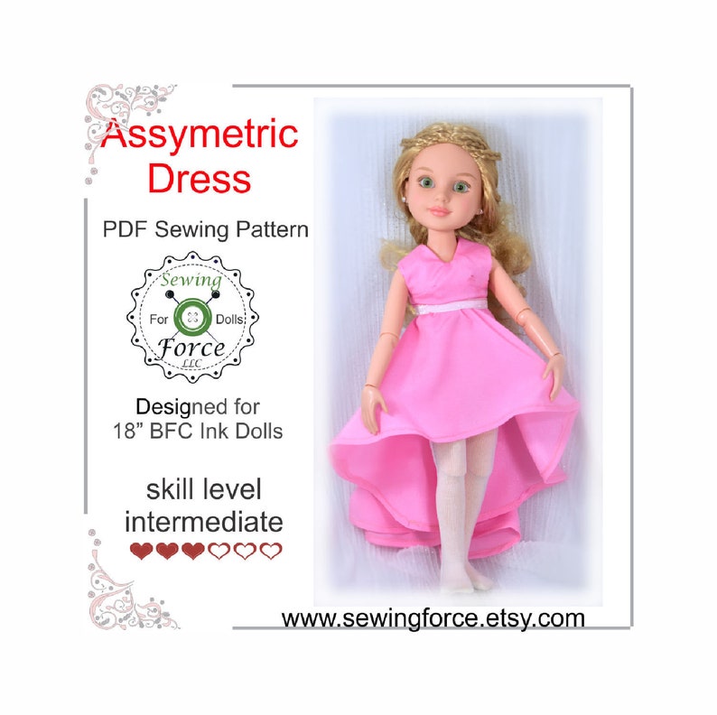 Designed for 18 inch BFC Ink doll clothes dress pattern Gorgeous Asymmetric Dress Holiday gift Christmas gift PDF Sewing Pattern
