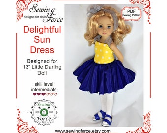 Patrón de costura PDF Delightful Sun Dress, diseñado para muñeca Little Darling de 13", ropa de vestir de patrón de costura pdf - descarga instantánea