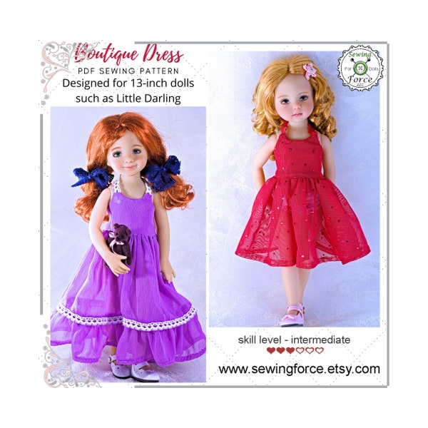 Boutique Dress, PDF Sewing Pattern designed for 13" inch dolls such as Little Darling Dianna Effner doll - instant download