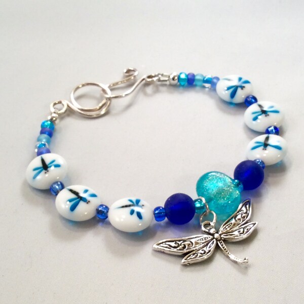 Shades of Blue  Czech Glass Dragonfly Charm  Bracelet in Sterling Silver / Beaded Bracelet /  Bright / Trending / Gift Idea
