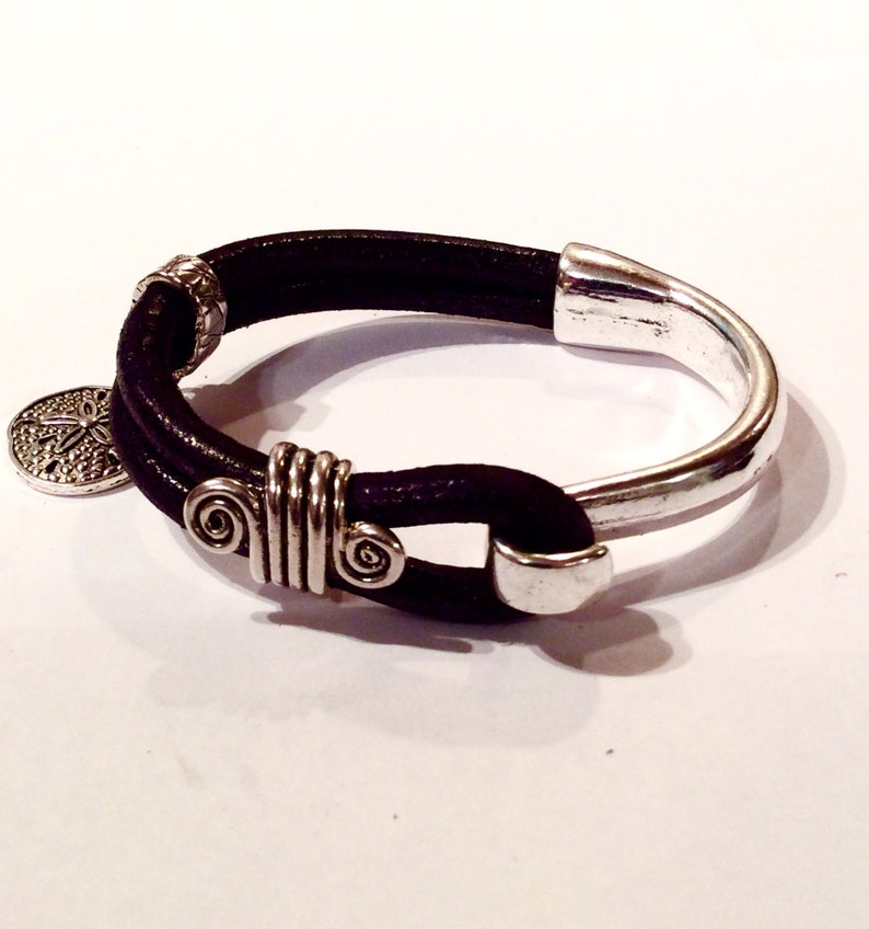 Black Italian Leather Bracelet with Silver Half Cuff Bangle Etsy