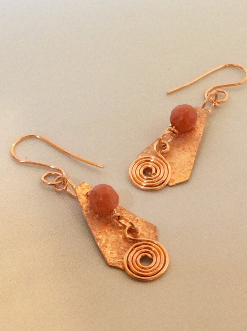 Copper Red Jade Dangle Earrings / Hammered / Natural Gemstone Etsy