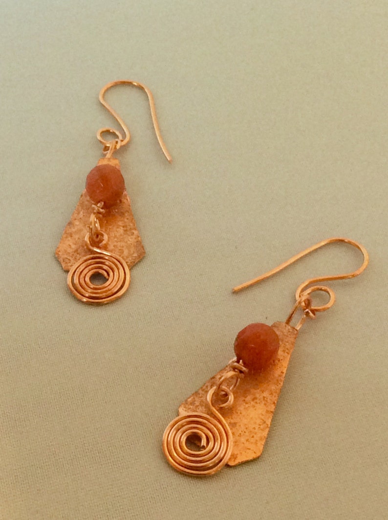 Copper Red Jade Dangle Earrings / Hammered / Natural Gemstone Etsy