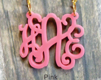 Monogram Necklace - Vine Monogram 3 Initial Name Acrylic Monogram Jewelry - Pink Necklace