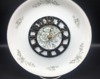 Whispering White Floral Dinner Plate Size Wall Clock ~