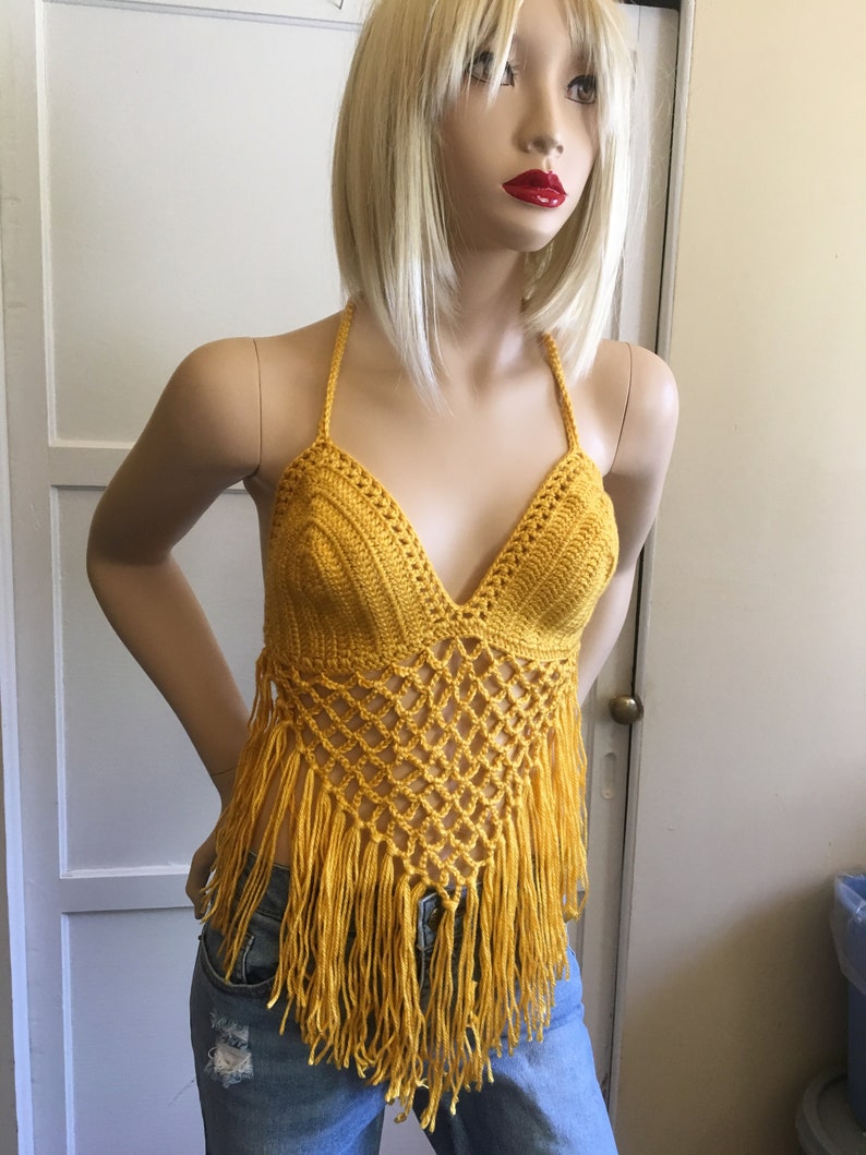 Mustard Yellow Crochet Top With Fringes Summer Top Women Etsy