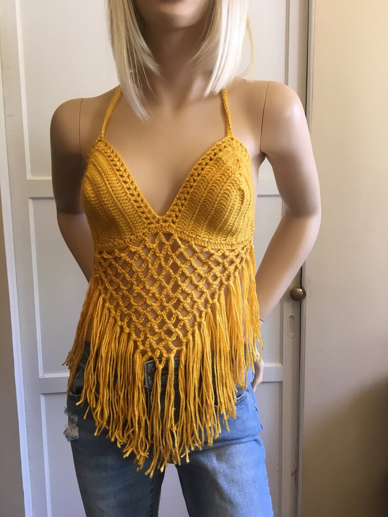 Mustard Yellow Crochet Top With Fringes Summer Top Women Etsy