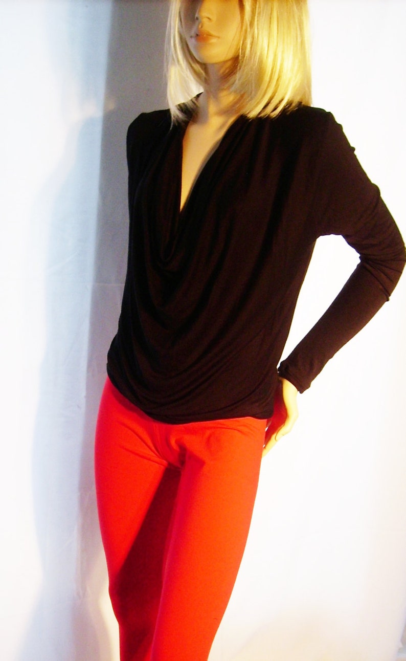 Black deep cowl neck top women black winter top. long sleeve top for her Christmas gift fashion