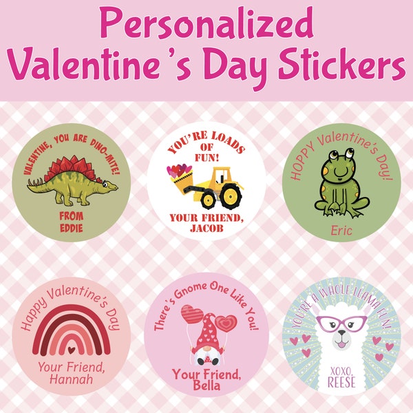 Personalized Valentine's Day Stickers, Custom Happy Valentine's Day Stickers, Treat Bag Stickers, Valentine Party Supplies. Custom Valentine