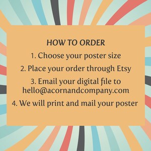 May include: A yellow rectangle with black text on a colorful background. The text reads "HOW TO ORDER" followed by four numbered steps: 1. Choose your poster size, 2. Place your order through Etsy, 3. Email your digital file to hello@acornandcompany.com, 4. We will print and mail your poster.