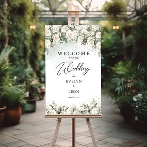 Wedding Welcome Sign, Reception Sign, Classic Wedding Sign, Bohemian White Roses and Eucalyptus Greenery Wedding Welcome Sign