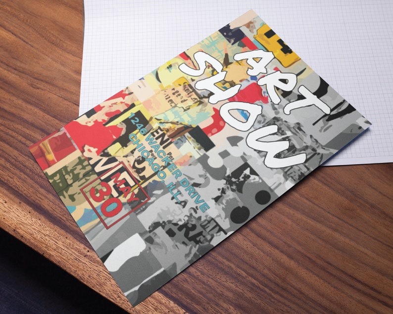 May include: A colorful poster with a collage of images and text. The text reads "Art Show" in white letters and "1246 Wacker Drive Chicago, IL" in blue letters. The date "May 30" is also visible in red letters.