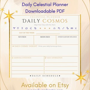 Op de afbeelding: Een downloadbare PDF-dagplanner met een hemels thema. Het ontwerp heeft gouden accenten, sterillustraties en de tekst "Daily Cosmos" en "Align Your Day with the Stars". Bevat secties voor dagelijkse inzichten, intenties en affirmaties.