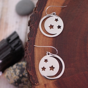 silver moon earrings, moon and stars, silver dangle earrings, drop earrings, star earrings, celestial jewelry, moon jewelry, simple earrings