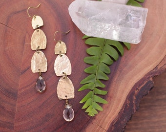 smoky quartz and brass earrings // hammered textured brass // long earrings // statement earrings // gemstone earrings // boho jewelry// tor