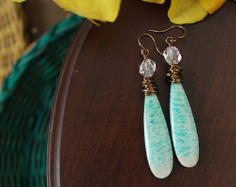 amazonite and clear quartz earrings // long elegant gemstone earrings // brass wire wrapped earrings // sky blue summer jewelry