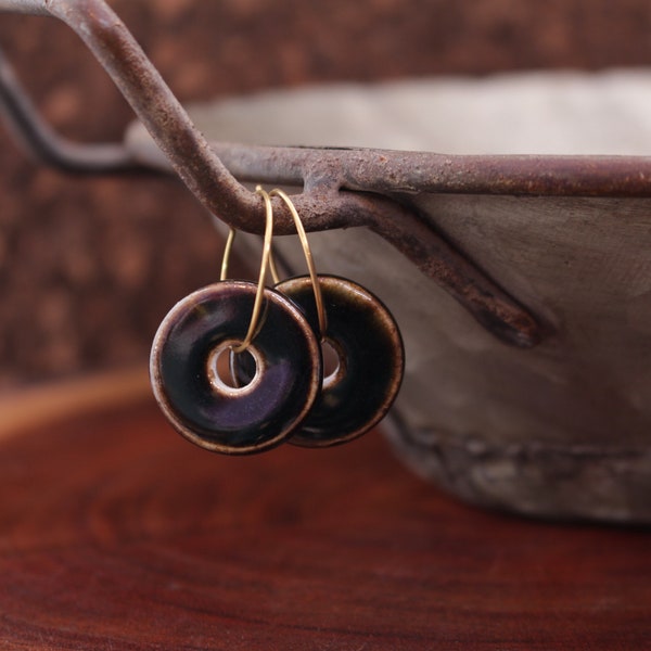 porcelain donut hoop earrings (coffee) // statement hoop earrings // brass hoops // brass earrings // porcelain earrings // OOAK