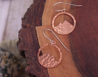 copper mountain earrings, sunset, copper earrings, hammered dangle earrings, small circle, disc earrings, minimalist jewelry, copper jewelry