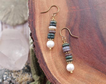 indian agate earrings, pearl earrings, gemstone dangle drop earrings, green earrings, green agate, fancy jasper earrings