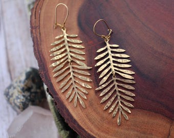 long brass fern earrings, botanical woodland jewelry