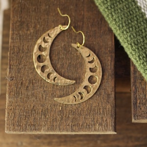 crescent moon phase earrings // big moon earrings // moon phase, crescent moon, brass, hammered brass, textured, gold earrings