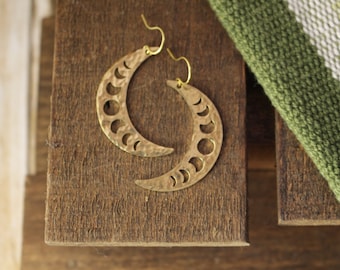 Hammered Brass Crescent Moon Phase Earrings, Celestial Jewelry