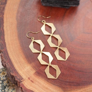stacked hexagon earrings, gold geometric earrings, brass earrings, simple lightweight drop earrings, statement earrings, gold earrings