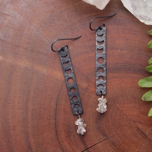 black moon earrings, moon phase, herkimer diamond earrings, black earring, minimalist raw crystal earrings stick earrings, moon jewelry