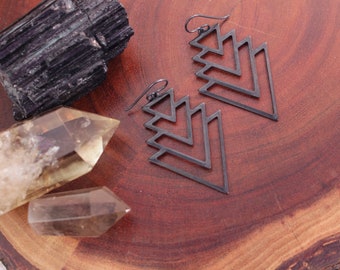 Black Geometric Triangle Earrings, Niobium Ear Wires