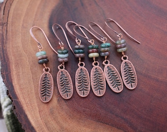 copper pine tree earrings: rustic evergreen jewelry, indian agate