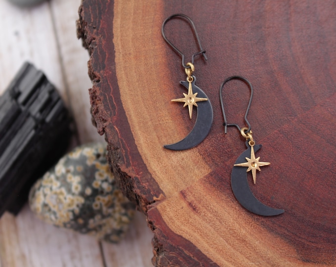 Moon and Star Chain Earrings - Black main image 0