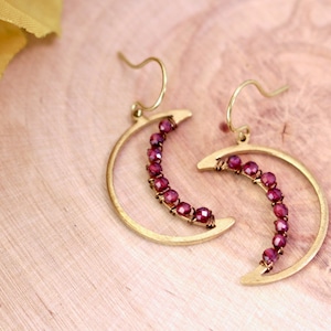 garnet moon earrings, garnet earrings, crescent moon, gift for her, witchy, jewelry, moon phase, tarot, boho