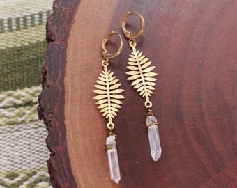 Quartz Crystal Fern Earrings - Golden Brass Leaf Dangles