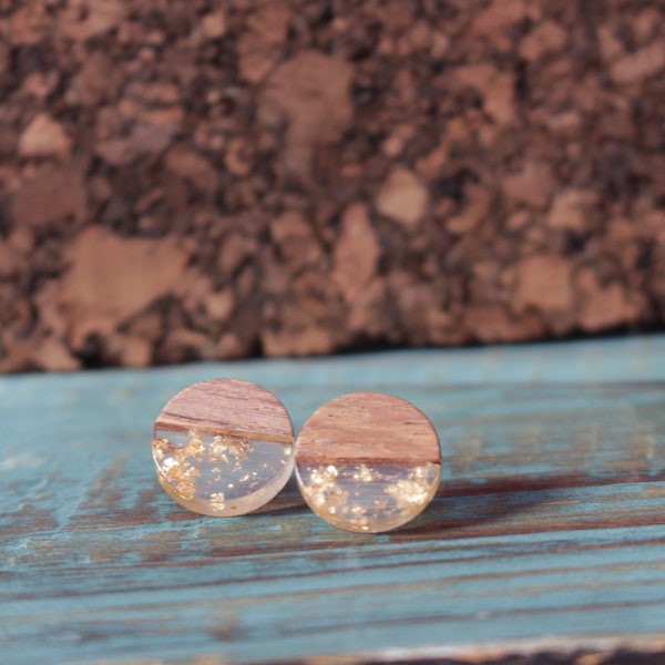 gold flake earrings, wood stud earrings, wood posts, wood resin studs, minimalist, simple earrings, wood circle earrings