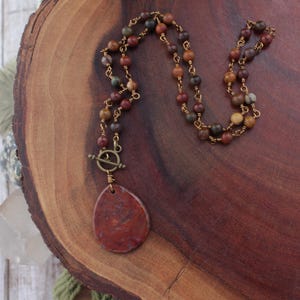 Red Jasper & Picasso Jasper Pendant Necklace: Wire Wrapped Toggle Clasp