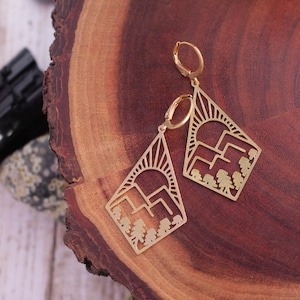 Brass Diamond Mountain Sunset Earrings, Nature Jewelry