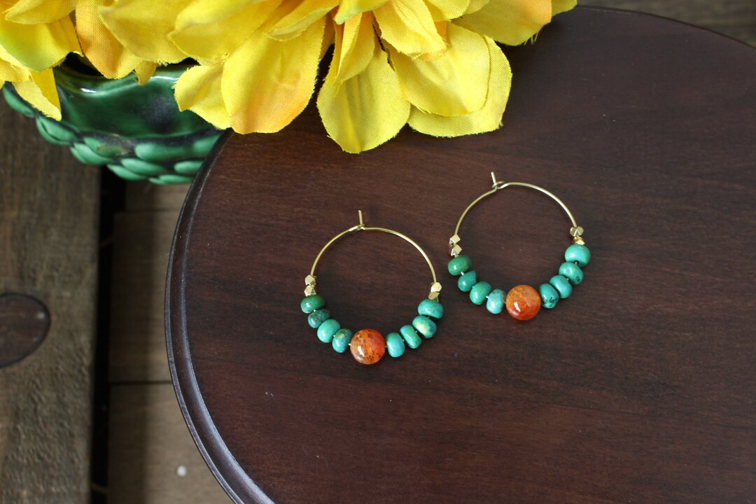 Turquoise Hoop Earrings // Orange Agate Earrings // Brass Earrings // Boho Hoop Earrings // Fun