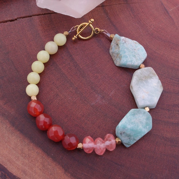 mixed gemstone bracelet // lemon jade, carnelian, strawberry quartz, amazonite // stacking bracelet // summer colors bracelet