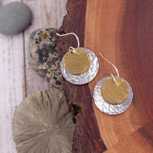 silver and brass earrings, gold silver, mixed metal, hammered dangle earrings, small circle, disc earrings, minimalist jewelry