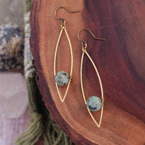 brass marquise dangle earrings, african turquoise gemstone bead, african turquoise earrings, unique drop earrings, linear earrings, long