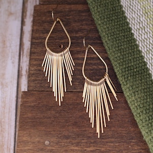 gold teardrop earrings, large fringe earrings, gold fan earrings, fringe earrings, statement earrings, dangle earrings, handmade jewelry