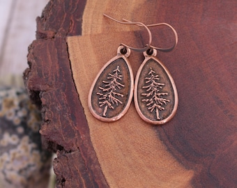 pine tree earrings, evergreen, copper earrings, tree jewelry, pine, holiday christmas tree, winter, pnw